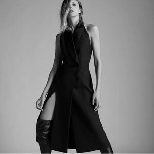 Zara Black Tuxedo Collared Halter Tux V-neck Midi Dress Size Small